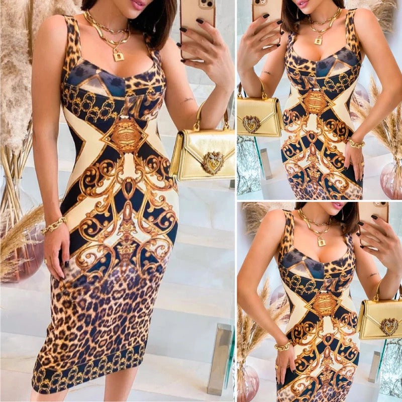 Sexy Fashion Sleeveless Cheetah Scarf Print Color block Midi Dress Yellow Leopard Tank Tight