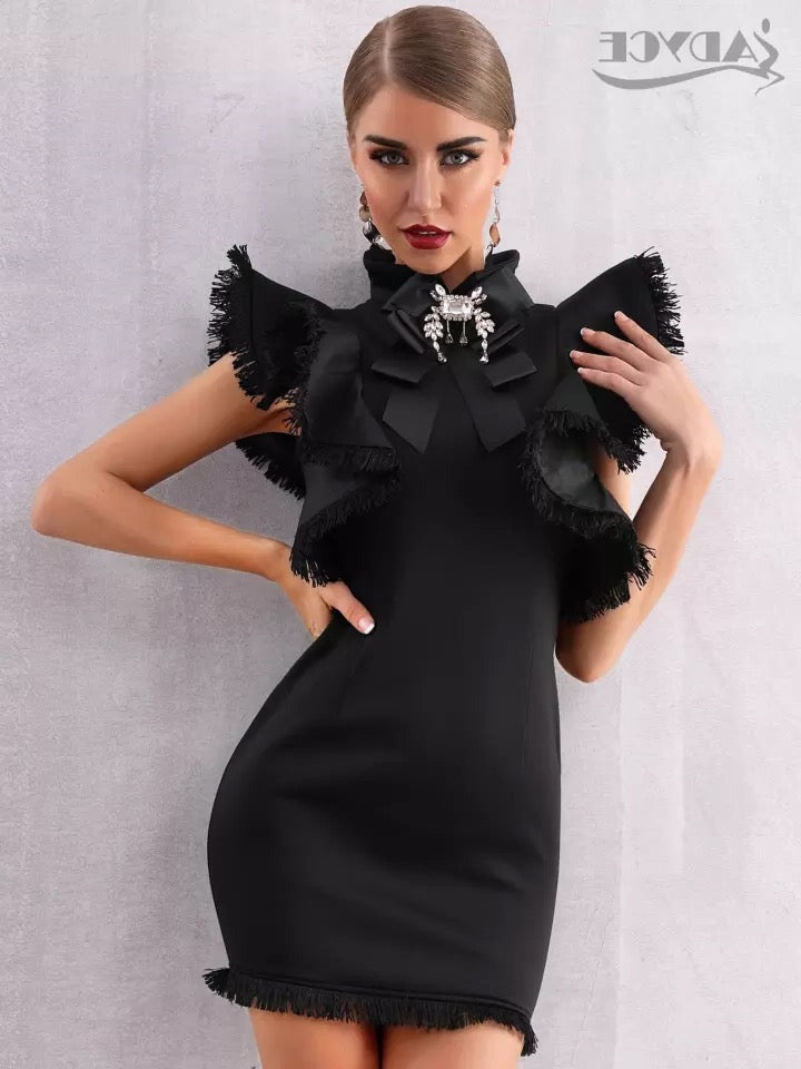 Women's Black Cloak Sleeves Bow Sexy NightClub Mini Dress Women