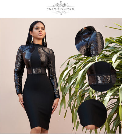 Classy Angels 2022 New Winter Sequined Long Sleeve Bodycon Bandage Dress Sexy Elegant Club Black Celebrity Evening Runway Party Dresses - The Vertus Boutique 