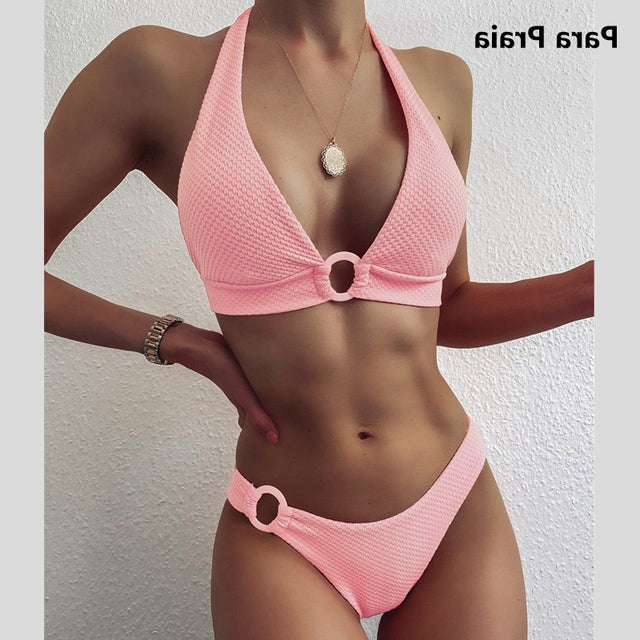 Sexy Pink Swimsuit Women Two Piece Suit Keyhole Bikini Set Ring Bathing Suit High Cut Bikini Knot