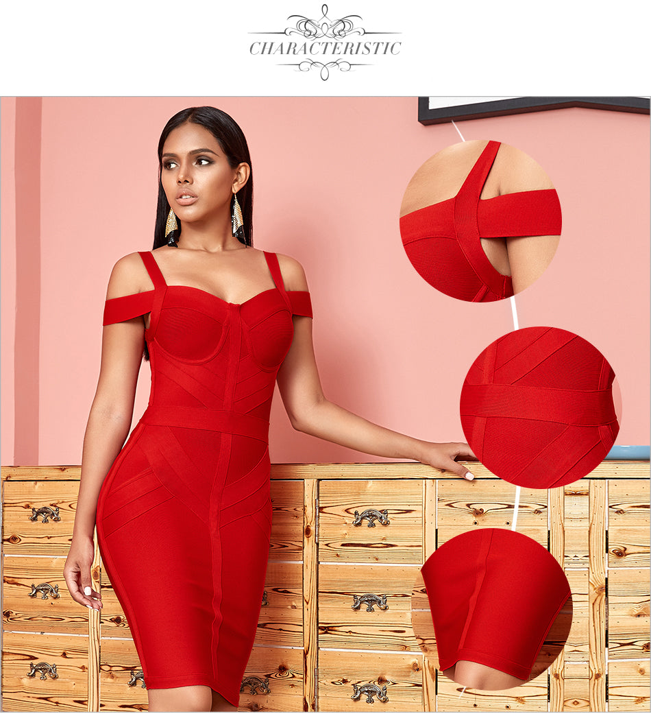 Classy Angels Off Shoulder Bodycon Bandage Dress Women Sexy Red Spaghetti Strap Knee Length Club Celebrity Evening Runway Party Dresses - The Vertus Boutique 