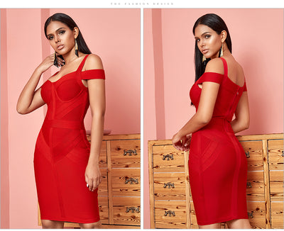 Classy Angels Off Shoulder Bodycon Bandage Dress Women Sexy Red Spaghetti Strap Knee Length Club Celebrity Evening Runway Party Dresses - The Vertus Boutique 