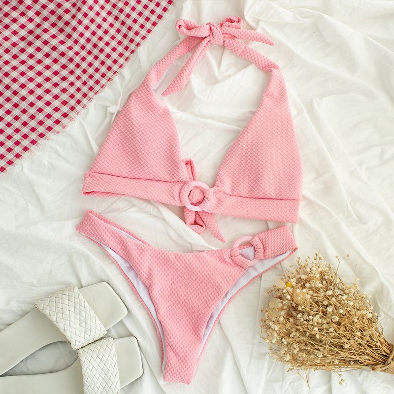 Sexy Pink Swimsuit Women Two Piece Suit Keyhole Bikini Set Ring Bathing Suit High Cut Bikini Knot