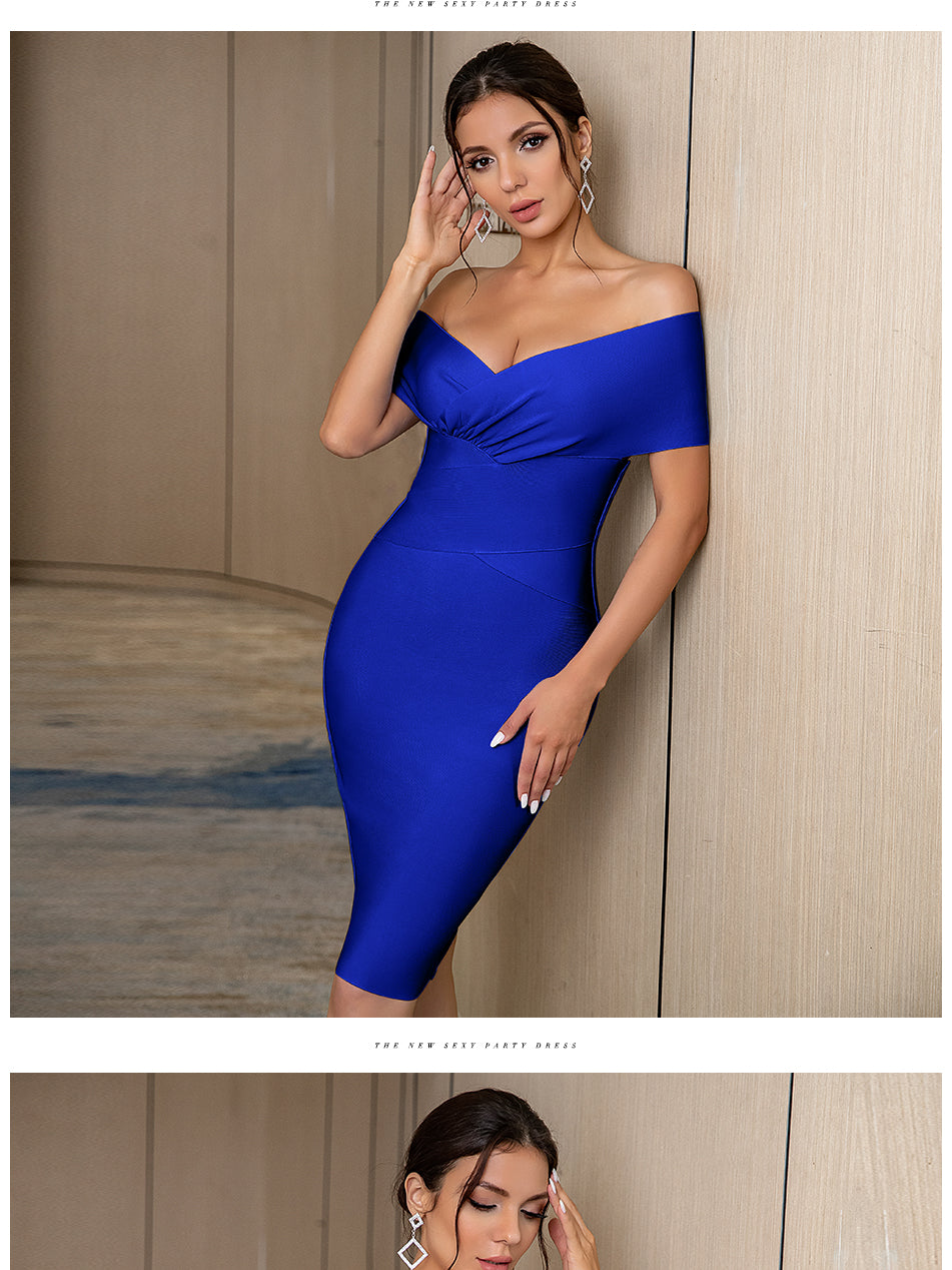 Classy Angels New Summer Blue Off Shoulder Bodycon Bandage Dress Women 2022 Sexy Short Sleeve Club Celebrity Evening Runway Party Dress - The Vertus Boutique 