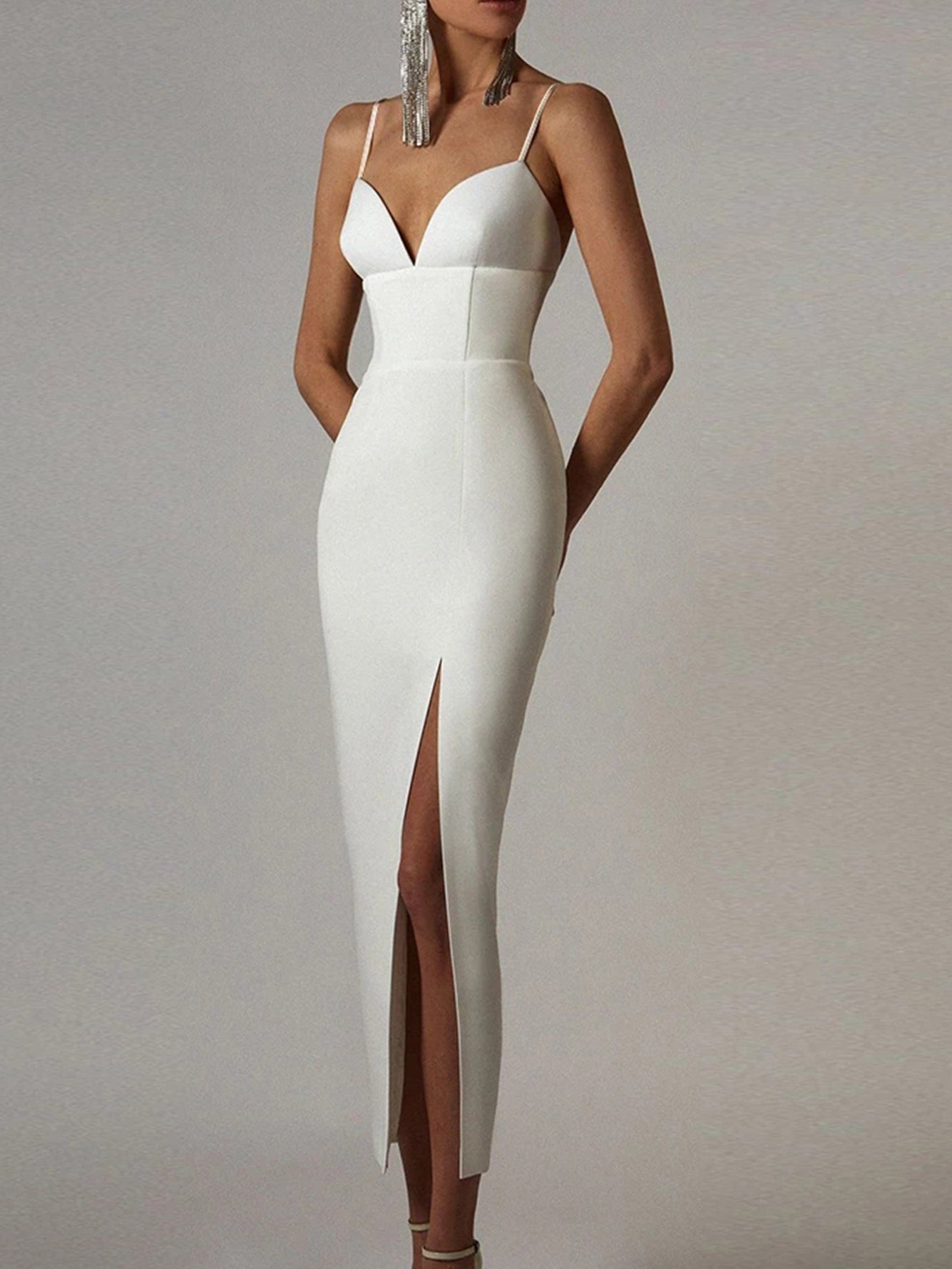 Classy Angel New Summer Women White Bodycon Bandage Dress Sexy V Neck Spaghetti Strap Club Celebrity Evening Runway Party Long Dresses - The Vertus Boutique 