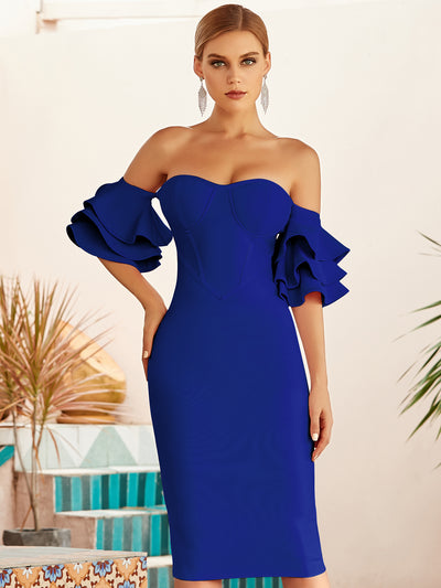 Adyce 2022 New Summer Women Blue Off Shoulder Bodycon Bandage Dress Sexy Butterfly Short Sleeve Hot Celebrity Runway Party Dress - The Vertus Boutique 