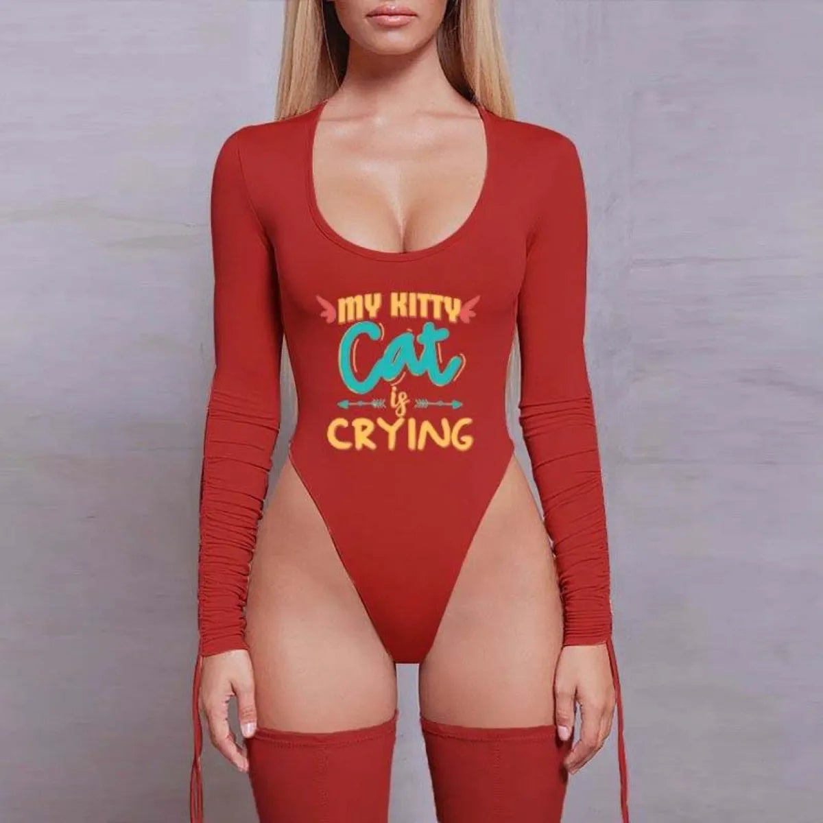 My kitty cat is crying, animal lovers fun logo, Girls wanna have fun collections,Women One Piece Jumpsuits Casual Sexy Long Sleeve Tops Ladies Bodysuits, kitty cat graphic - The Vertus Boutiq