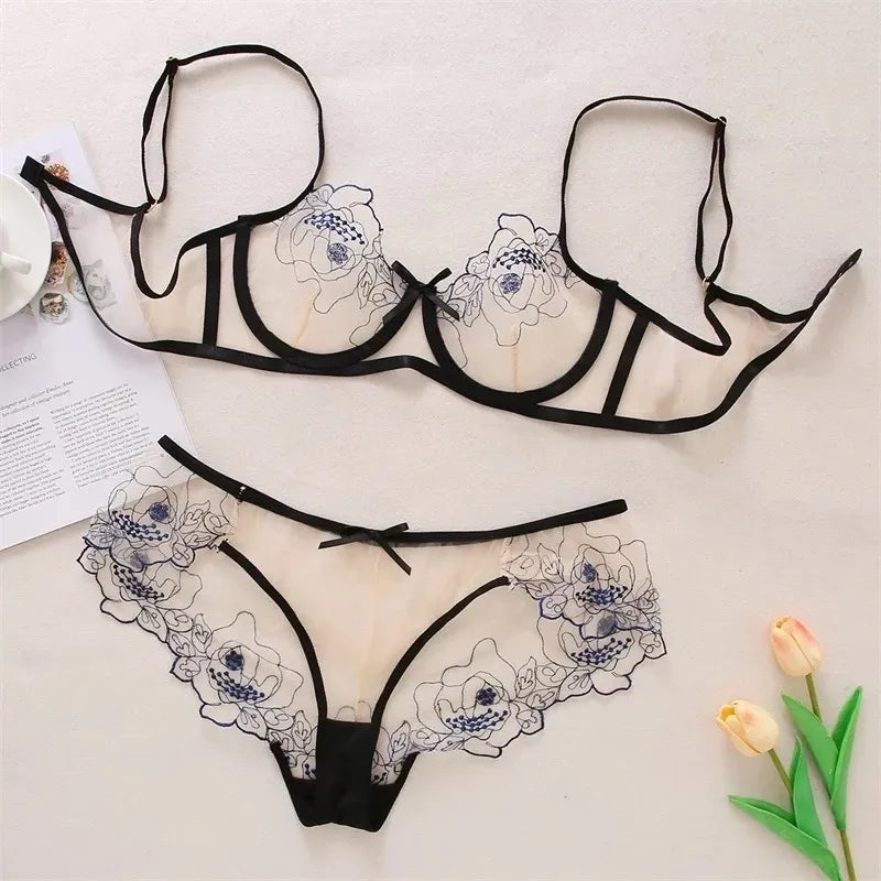 Girls Sexy Sheer Lingerie Transparent Floral Design Embroidery Underwear - The Vertus Boutique 